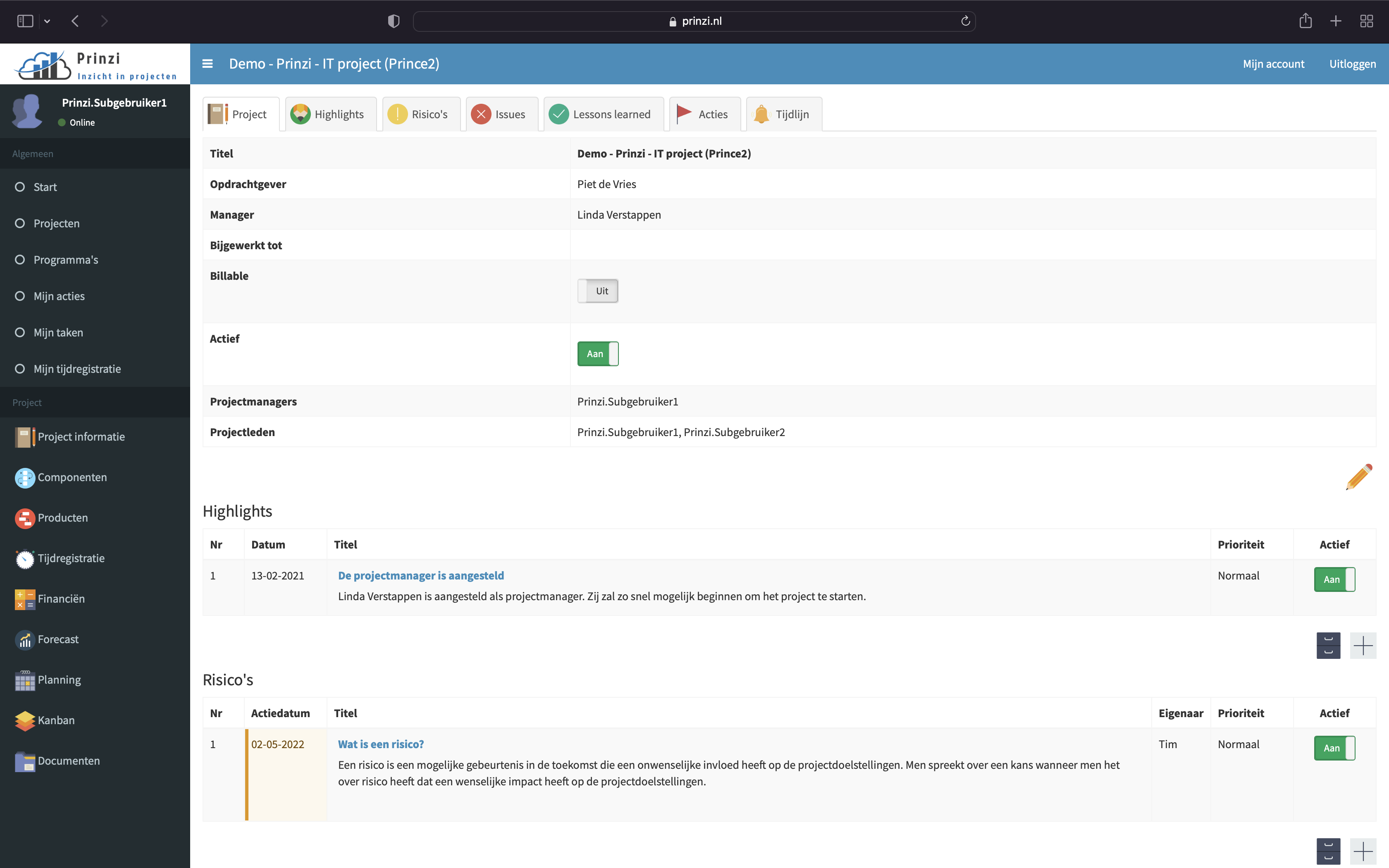 Prinzi - PRINCE2 Project overzicht